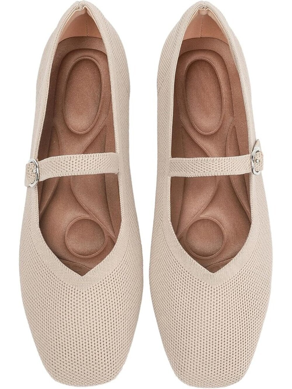 Women's Apricot Knit Flats Square Toe Casual Ballet Flat Ankle Strap Shoes
